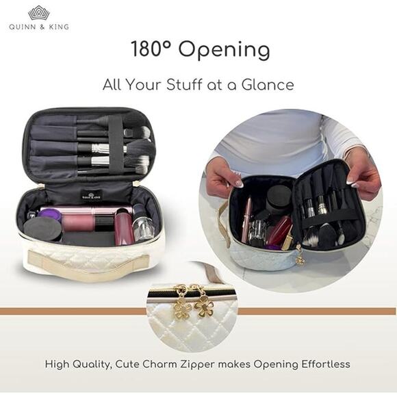 Quinn & King Quilted Travel Makeup Bag, Lightweight, Flat Opening Charm Zipper - Picture 3 of 6